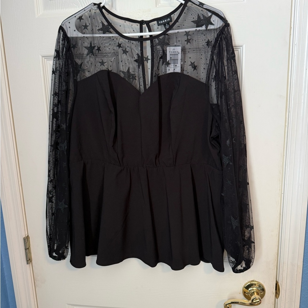Torrid Peplum Stretch Woven Glitter Stars Top Size 2 Black